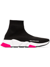 Load image into Gallery viewer, Balenciaga black, white and pink speed knitted high top sneakers