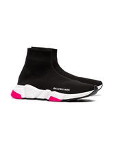 Load image into Gallery viewer, Balenciaga black, white and pink speed knitted high top sneakers
