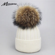 Load image into Gallery viewer, Girl Women Winter Wool Beanie Cap Real Raccoon Fur Pom Pom Parent-child Knitted Hat Core Yarn Warm Casual Skullies Beanies Bones