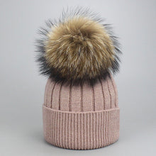 Load image into Gallery viewer, Girl Women Winter Wool Beanie Cap Real Raccoon Fur Pom Pom Parent-child Knitted Hat Core Yarn Warm Casual Skullies Beanies Bones