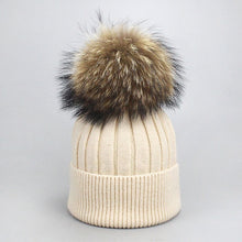 Load image into Gallery viewer, Girl Women Winter Wool Beanie Cap Real Raccoon Fur Pom Pom Parent-child Knitted Hat Core Yarn Warm Casual Skullies Beanies Bones