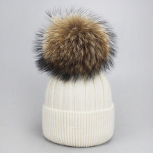 Load image into Gallery viewer, Girl Women Winter Wool Beanie Cap Real Raccoon Fur Pom Pom Parent-child Knitted Hat Core Yarn Warm Casual Skullies Beanies Bones