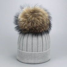 Load image into Gallery viewer, Girl Women Winter Wool Beanie Cap Real Raccoon Fur Pom Pom Parent-child Knitted Hat Core Yarn Warm Casual Skullies Beanies Bones