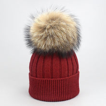 Load image into Gallery viewer, Girl Women Winter Wool Beanie Cap Real Raccoon Fur Pom Pom Parent-child Knitted Hat Core Yarn Warm Casual Skullies Beanies Bones