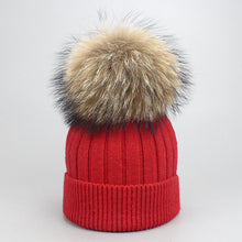 Load image into Gallery viewer, Girl Women Winter Wool Beanie Cap Real Raccoon Fur Pom Pom Parent-child Knitted Hat Core Yarn Warm Casual Skullies Beanies Bones