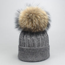 Load image into Gallery viewer, Girl Women Winter Wool Beanie Cap Real Raccoon Fur Pom Pom Parent-child Knitted Hat Core Yarn Warm Casual Skullies Beanies Bones