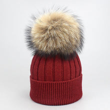 Load image into Gallery viewer, Girl Women Winter Wool Beanie Cap Real Raccoon Fur Pom Pom Parent-child Knitted Hat Core Yarn Warm Casual Skullies Beanies Bones
