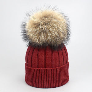 Girl Women Winter Wool Beanie Cap Real Raccoon Fur Pom Pom Parent-child Knitted Hat Core Yarn Warm Casual Skullies Beanies Bones