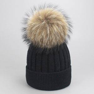 Girl Women Winter Wool Beanie Cap Real Raccoon Fur Pom Pom Parent-child Knitted Hat Core Yarn Warm Casual Skullies Beanies Bones