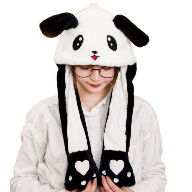 Children Adult Short Plush Cute 3D Cartoon Panda Animal Hat with Moving Ears Double Airbag Paws Warm Earflap Cap Party Props