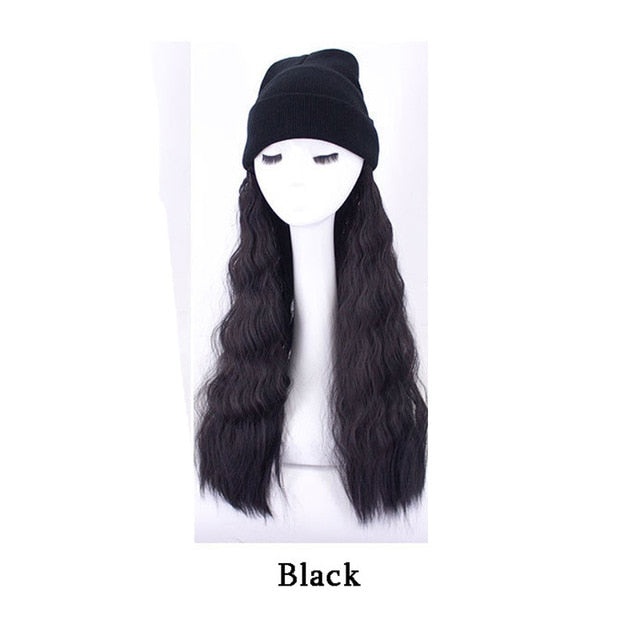 Fashion long wig female light brown long curly hair hat wig one woman knitted hat wool roll corn hot curly black hat ladies