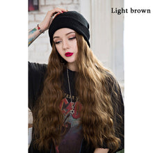 Load image into Gallery viewer, Fashion long wig female light brown long curly hair hat wig one woman knitted hat wool roll corn hot curly black hat ladies
