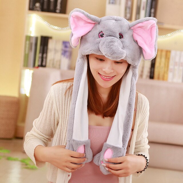Cute Animal Rabbit Hat Moving Ears Cartoon Toy Hat Airbag Kawaii Funny Toy Cap Kids Plush Toy Birthday Gift Fur Hats for Women