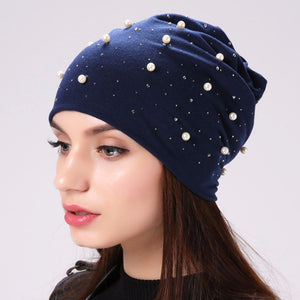 Geebro Brand Women's Beanie Hat Casual Polyester Shine Pearls&Rhinestones Beanies For Women Skull Beanie Hats Bonnet For Female